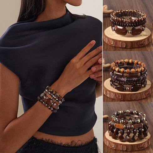12Pcs Beaded Bracelets for Men Women Adjustable Punk Braided Wooden Bracelet Bulk Wood Bangles Gothic Jewelry Gift in Saudi Arabia