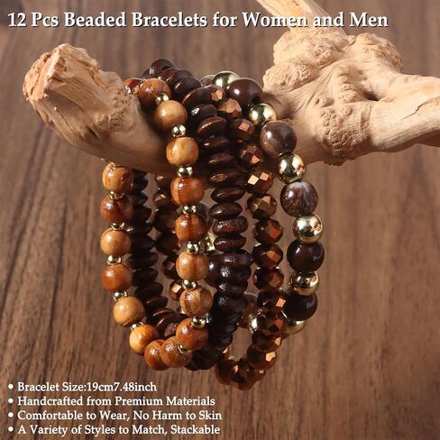 12Pcs Beaded Bracelets for Men Women Adjustable Punk Braided Wooden Bracelet Bulk Wood Bangles Gothic Jewelry Gift in Saudi Arabia