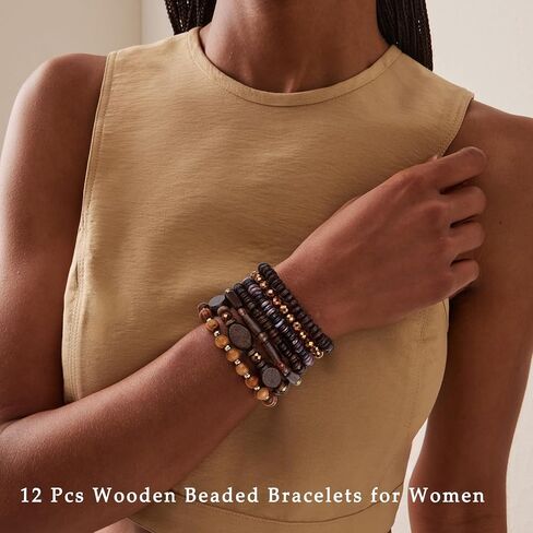 12Pcs Beaded Bracelets for Men Women Adjustable Punk Braided Wooden Bracelet Bulk Wood Bangles Gothic Jewelry Gift in Saudi Arabia