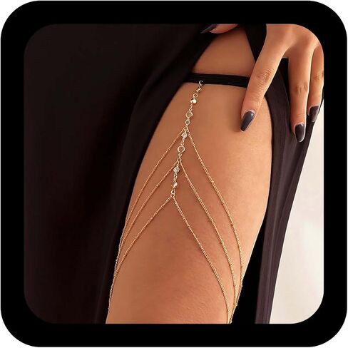 Andelaisi Boho Rhinestone Thigh Body Chain Rhinestone Sexy Leg Crystal Elastic Tassel Thigh Chain Glitter Cz Body Bikini Accessory Jewelry for Nightclub Party(Gold) in Saudi Arabia