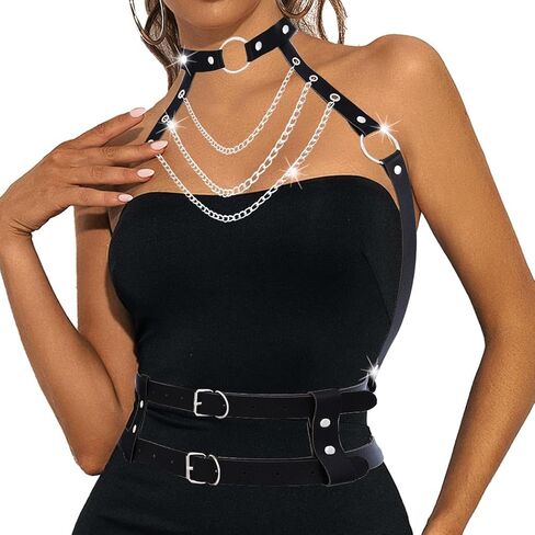 BODIY Leather Chest Belt Black Chest Harness Punk Waist Belt Layered Body Chain for Women in Saudi Arabia