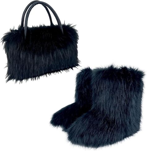 Women's Faux Fur Boots Furry Fluffy Warm Winter Anti-Slip Mid-Calf Snow Boots Comfortable Round Toe Low Heel Outdoor Flat Boots Matching with Ladies Plush Fuzzy Tote Bags 2 Set in Saudi Arabia