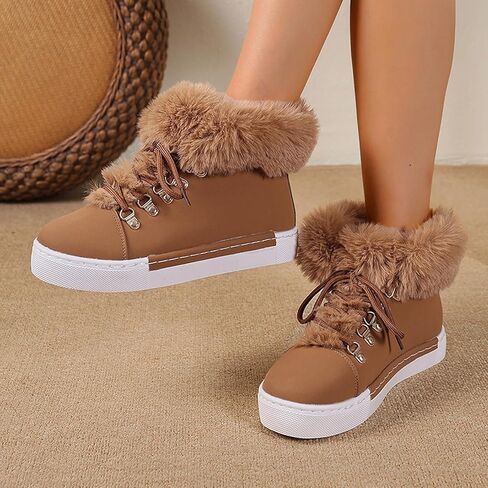 Women'S Flat Lace-Up Snow Ankle Boots Fashionable Winter Warm Thick-Soled Non-Slip Plush Lined Work Boots Comfortable Casual Snow Boots in Saudi Arabia
