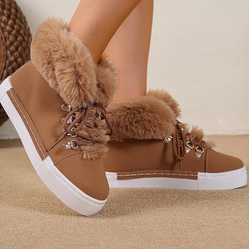Women'S Flat Lace-Up Snow Ankle Boots Fashionable Winter Warm Thick-Soled Non-Slip Plush Lined Work Boots Comfortable Casual Snow Boots in Saudi Arabia