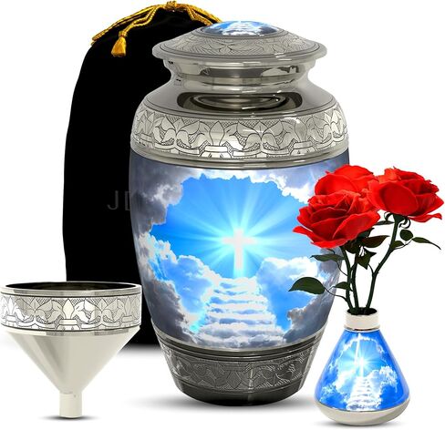 Stairway to Heaven Cremation Urn for Human Ashes (4-Piece Set) with Handcrafted Funnel and Vase (Large Size, Christian Catholic Cross Adult Male/Female) in Saudi Arabia