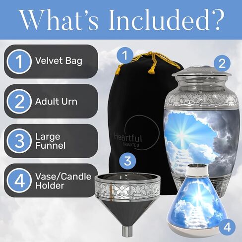 Stairway to Heaven Cremation Urn for Human Ashes (4-Piece Set) with Handcrafted Funnel and Vase (Large Size, Christian Catholic Cross Adult Male/Female) in Saudi Arabia