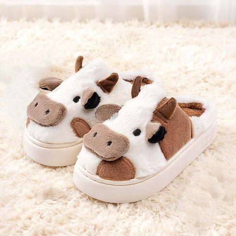 Cow Slippers for Women & Men - with Thickened Sole Plush Soft Non-Slip House Slipper, Winter Warm Fuzzy Platform Shoes with Comfort Memory Foam, Brown in Saudi Arabia