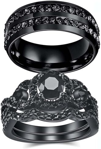 ringheart 2 His and Hers Ring Couple Rings Black Cz Three Stone Womens Wedding Ring Sets Titanium Steel Mens Wedding Bands in Saudi Arabia
