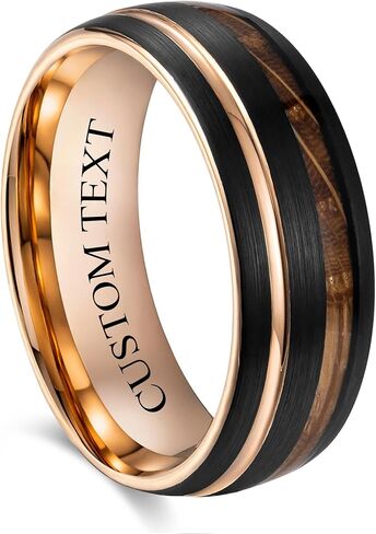 Custom Engraved Men's Wedding Ring Black Brushed Rose Gold Tungsten Thin Gold Line & Whiskey Barrel Wood Inlay, Personalized Wooden Ring Box - 8mm Comfort Fit in Saudi Arabia
