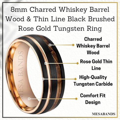 Custom Engraved Men's Wedding Ring Black Brushed Rose Gold Tungsten Thin Gold Line & Whiskey Barrel Wood Inlay, Personalized Wooden Ring Box - 8mm Comfort Fit in Saudi Arabia