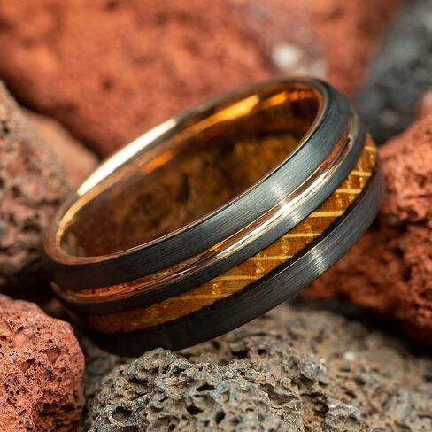Custom Engraved Men's Wedding Ring Black Brushed Rose Gold Tungsten Thin Gold Line & Whiskey Barrel Wood Inlay, Personalized Wooden Ring Box - 8mm Comfort Fit in Saudi Arabia