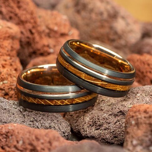Custom Engraved Men's Wedding Ring Black Brushed Rose Gold Tungsten Thin Gold Line & Whiskey Barrel Wood Inlay, Personalized Wooden Ring Box - 8mm Comfort Fit in Saudi Arabia