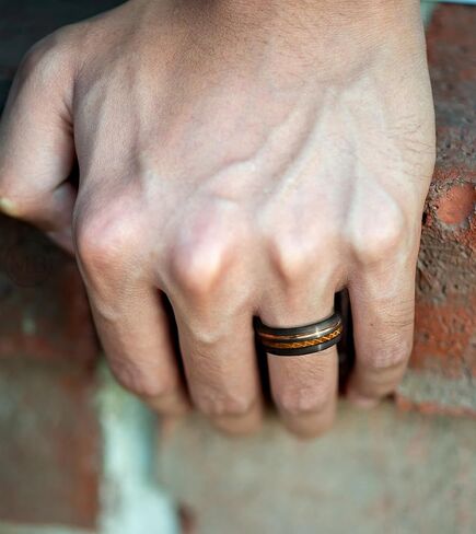 Custom Engraved Men's Wedding Ring Black Brushed Rose Gold Tungsten Thin Gold Line & Whiskey Barrel Wood Inlay, Personalized Wooden Ring Box - 8mm Comfort Fit in Saudi Arabia