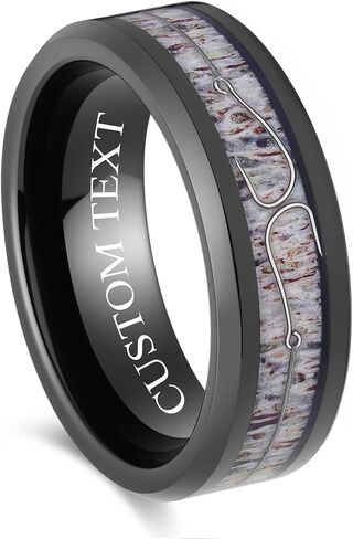 Custom Engraved Men's Wedding Ring Black Tungsten Deer Antler & Fishing Line Hooks Inlay, Personalized Wooden Ring Box - 8mm Comfort Fit in Saudi Arabia