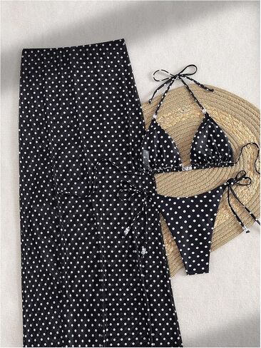 OYOANGLE Women's 3 Piece Polka Dots Bikini Swimsuit Triangle Halter String Bikini Set with Mesh Cover Up Long Skirt in Saudi Arabia