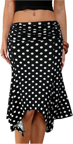 تنورة نسائية Milumia Y2k منقطة مكشكشة منخفضة الخصر غير متماثلة تنورة متوسطة الطول in Kuwait