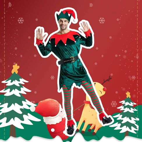 Christmas Adult Elf Santa Helper Costume Full Set Green Cosplay Party for Family in Saudi Arabia