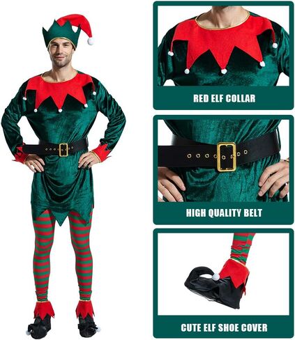 Christmas Adult Elf Santa Helper Costume Full Set Green Cosplay Party for Family in Saudi Arabia