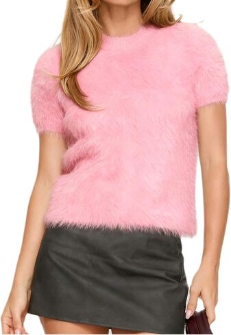Karwuiio Womens Soft Furry Sweaters Short Sleeve Cozy Fuzzy Sweater Shaggy Knit Pullover Jumper in Saudi Arabia