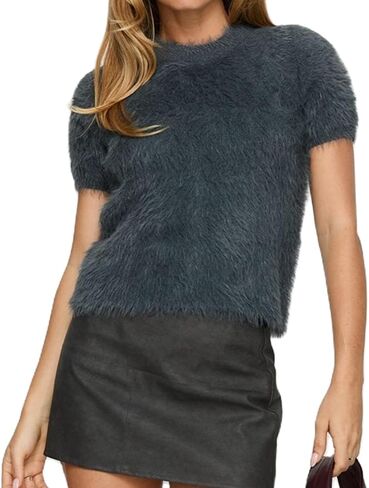 Karwuiio Womens Soft Furry Sweaters Short Sleeve Cozy Fuzzy Sweater Shaggy Knit Pullover Jumper in Saudi Arabia