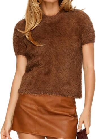 Karwuiio Womens Soft Furry Sweaters Short Sleeve Cozy Fuzzy Sweater Shaggy Knit Pullover Jumper in Saudi Arabia