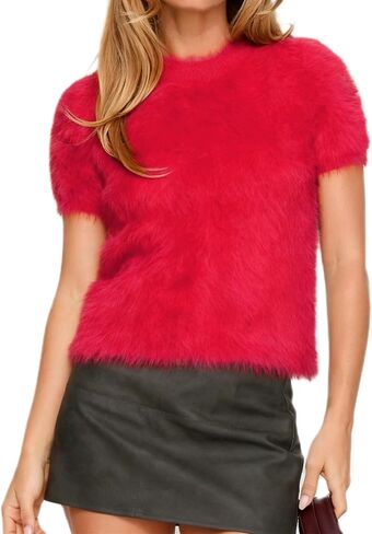 Karwuiio Womens Soft Furry Sweaters Short Sleeve Cozy Fuzzy Sweater Shaggy Knit Pullover Jumper in Saudi Arabia