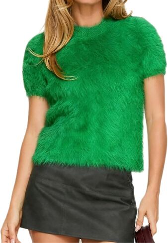 Karwuiio Womens Soft Furry Sweaters Short Sleeve Cozy Fuzzy Sweater Shaggy Knit Pullover Jumper in Saudi Arabia