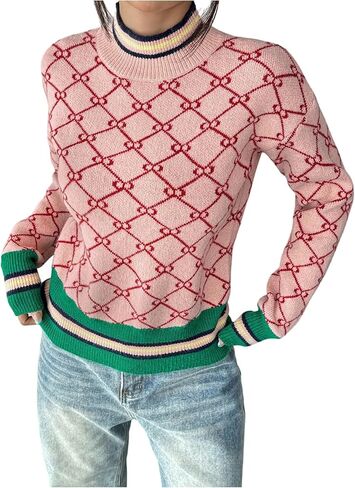 سترات نسائية مخططة هندسية برقبة وهمية وأكمام طويلة بلوفر ملابس أموال قديمة in Kuwait