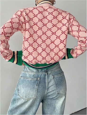 سترات نسائية مخططة هندسية برقبة وهمية وأكمام طويلة بلوفر ملابس أموال قديمة in Kuwait