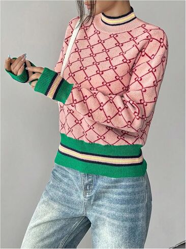 سترات نسائية مخططة هندسية برقبة وهمية وأكمام طويلة بلوفر ملابس أموال قديمة in Kuwait