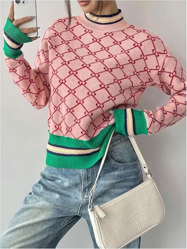 سترات نسائية مخططة هندسية برقبة وهمية وأكمام طويلة بلوفر ملابس أموال قديمة in Kuwait