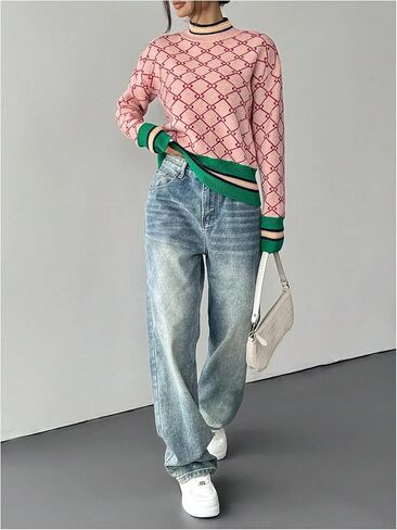 سترات نسائية مخططة هندسية برقبة وهمية وأكمام طويلة بلوفر ملابس أموال قديمة in Kuwait