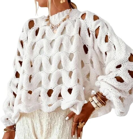 Yimoon Women's Crochet Sweater Hollow Out Sweaters Oversized Pullover Long Sleeve Crew Neck Crochet Chunky Knitted Sweater in Saudi Arabia