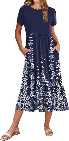 Zeagoo Women Summer Midi A Line Dress Dreve Short Disual Flowy Tiered Beach Long Sundress مع جيوب 2025 عطلات السفر in Saudi Arabia