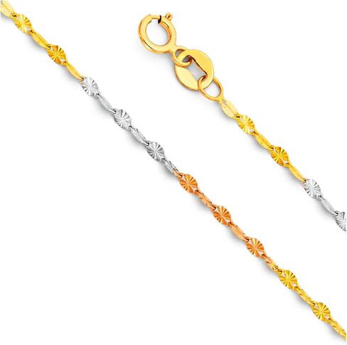 14k REAL Tri Color Gold Solid 1.5mm Stamp Mirror Star Diamond Cut Chain Necklace with Lobster Claw Clasp in Saudi Arabia