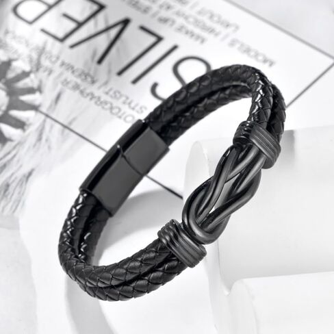 سوار Udefw Infinity للرجال، سوار جلدي مجدول للرجال بتصميم عقدة من الفولاذ المقاوم للصدأ، سوار من الجلد البني/الأسود مع مشبك آمن، مجوهرات معصم على الطراز العتيق للارتداء اليومي in Kuwait