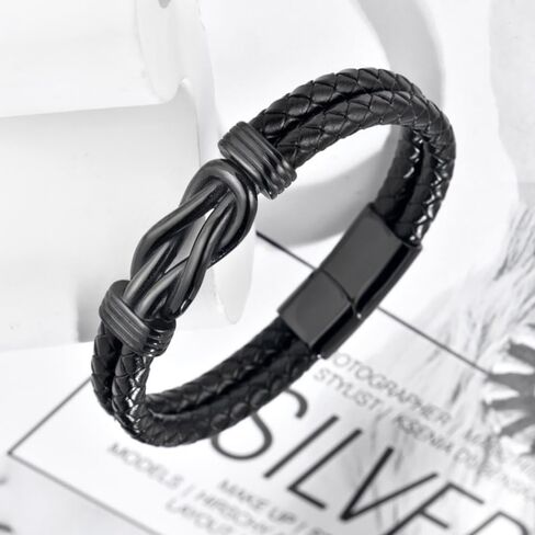 سوار Udefw Infinity للرجال، سوار جلدي مجدول للرجال بتصميم عقدة من الفولاذ المقاوم للصدأ، سوار من الجلد البني/الأسود مع مشبك آمن، مجوهرات معصم على الطراز العتيق للارتداء اليومي in Kuwait