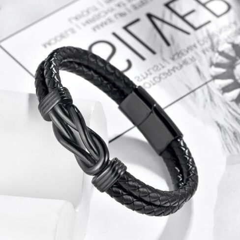 سوار Udefw Infinity للرجال، سوار جلدي مجدول للرجال بتصميم عقدة من الفولاذ المقاوم للصدأ، سوار من الجلد البني/الأسود مع مشبك آمن، مجوهرات معصم على الطراز العتيق للارتداء اليومي in Kuwait