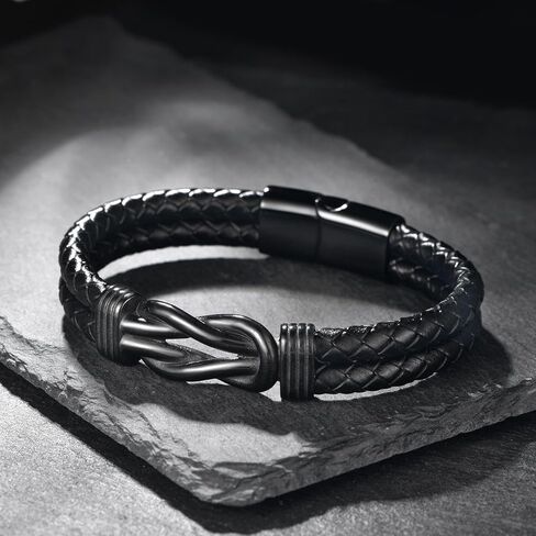 سوار Udefw Infinity للرجال، سوار جلدي مجدول للرجال بتصميم عقدة من الفولاذ المقاوم للصدأ، سوار من الجلد البني/الأسود مع مشبك آمن، مجوهرات معصم على الطراز العتيق للارتداء اليومي in Kuwait