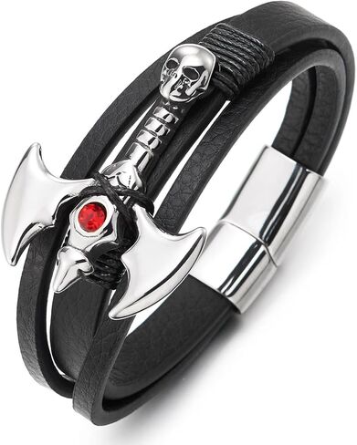 COOLSTEELANDBEYOND Black Leather Bracelet for Men with Red Gem Skull Axe Charm Rock Punk Viking Inspired Jewelry in Saudi Arabia