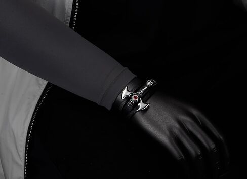 COOLSTEELANDBEYOND Black Leather Bracelet for Men with Red Gem Skull Axe Charm Rock Punk Viking Inspired Jewelry in Saudi Arabia