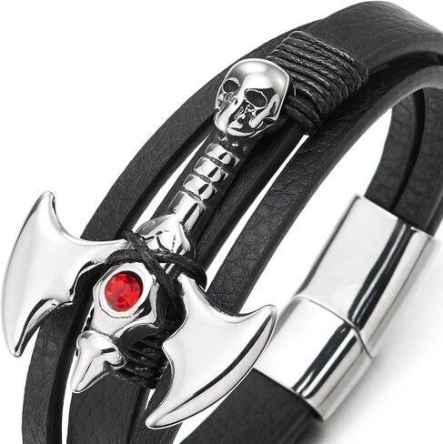 COOLSTEELANDBEYOND Black Leather Bracelet for Men with Red Gem Skull Axe Charm Rock Punk Viking Inspired Jewelry in Saudi Arabia