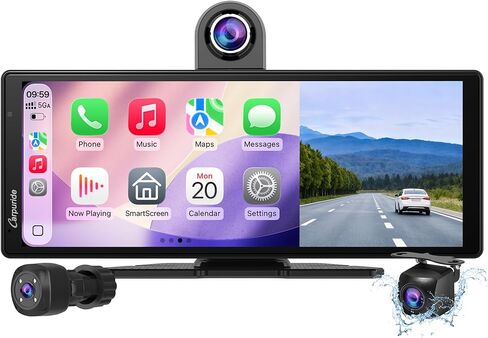 Carpuride Wireless Carplay & Android Auto مع Dash Cam - شاشة تشغيل سيارة HD IPS 10 بوصة للسيارة ، وكاميرا خلفية مقدمة 4K و 1080 بكسل ، وتسجيل حلقة ، وصوت Bluetooth ، ومرآة ، و GPS ، Siri in Kuwait