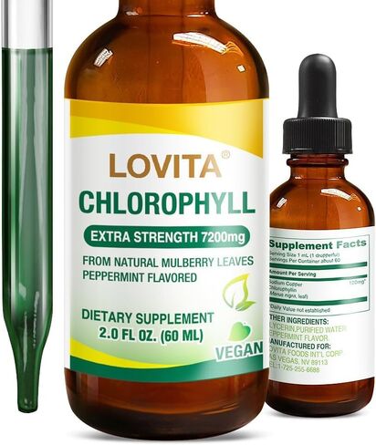 Lovita Chlorophyll Liquid 120mg per mL, High Potency Concentrated | Internal Deodorant, Skin Health, Energy Booster & Immune Support | from Natural Mulberry Leaf | 2 Fl Oz in Kuwait