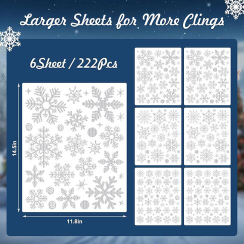 222PCS Glitter Snowflake Window Clings, 6 Sheet Christmas Decorations, Christmas Window Clings Decals for Winter Home Office Decor Xmas Decorations in Saudi Arabia