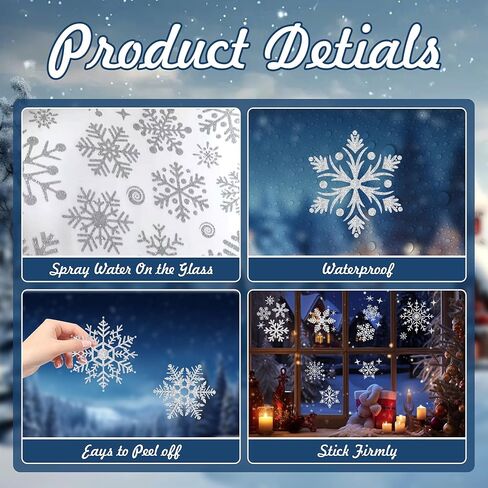 222PCS Glitter Snowflake Window Clings, 6 Sheet Christmas Decorations, Christmas Window Clings Decals for Winter Home Office Decor Xmas Decorations in Saudi Arabia