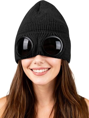 Unisex Winter Beanie with Fixed Goggles, Double-Layer Knit Hat with Soft Fleece Lining, Warm Windproof Skull Cap in Saudi Arabia