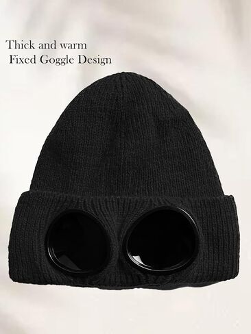 Unisex Winter Beanie with Fixed Goggles, Double-Layer Knit Hat with Soft Fleece Lining, Warm Windproof Skull Cap in Saudi Arabia