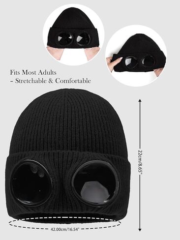 Unisex Winter Beanie with Fixed Goggles, Double-Layer Knit Hat with Soft Fleece Lining, Warm Windproof Skull Cap in Saudi Arabia