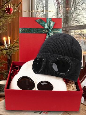 Unisex Winter Beanie with Fixed Goggles, Double-Layer Knit Hat with Soft Fleece Lining, Warm Windproof Skull Cap in Saudi Arabia
